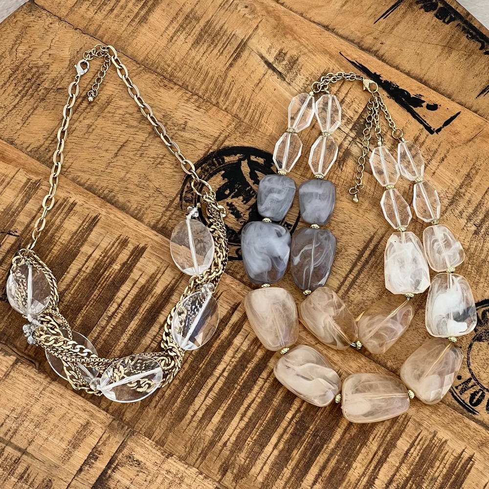 Pair of Statement Necklaces Chunky Acrylic Neutral Gold Tone Multi Double Strand